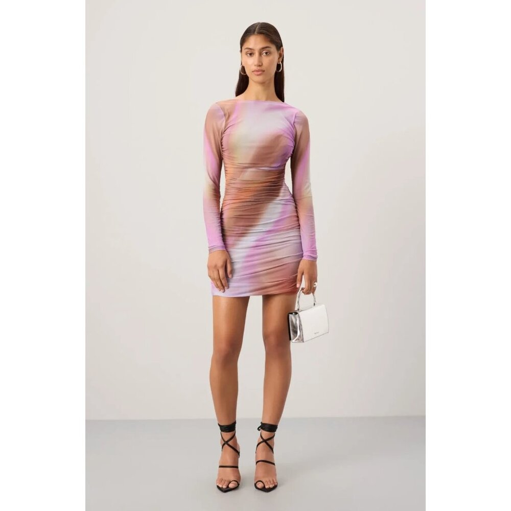 AFRM Maya Purple Mesh Motif Ruched Long Sleeve Mini Dress – Women’s Size XS - Picture 1 of 13